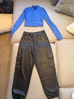 Dance Costume: balera Blue Long-Sleeve Crop Top with Black Cargo Joggers